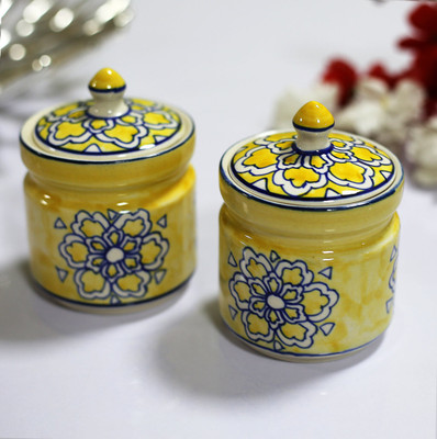 LA TABLEWARE Ceramic Cookie Jar  - 300 ml(Pack of 2, Yellow)