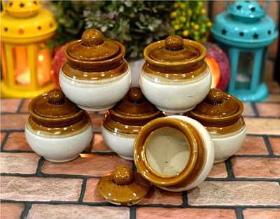 JETWAL Ceramic Pickle Jar  - 200 ml(Pack of 6, Brown, White)