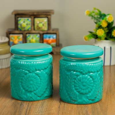 CERAMICTown Ceramic Pickle Jar  - 1000 ml(Pack of 2, Green)