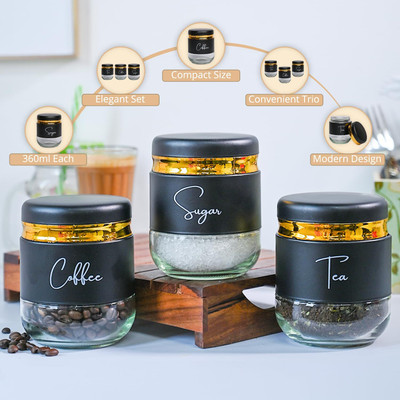 multi zone Glass Grocery Container  - 350 ml(Pack of 3, Black)