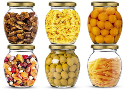 LPM Glass Cookie Jar  - 350 ml(Pack of 6, Clear, Gold)