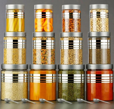 ROSTY Plastic Grocery Container  - 350 ml, 650 ml, 1200 ml(Pack of 12, Silver)