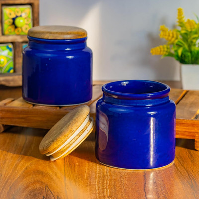 CultureCraft Ceramic Utility Container  - 500 ml(Pack of 2, Blue)