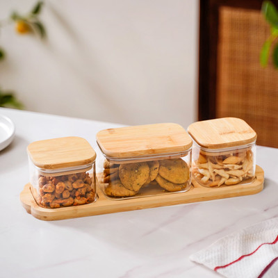 Nestasia Glass Utility Container  - 300 ml(Pack of 3, Beige)