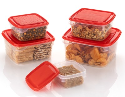 Veratico Plastic Grocery Container  - 450 ml, 700 ml, 1200 ml, 2000 ml, 3000 ml(Pack of 5, Red)