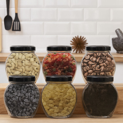 b7 Creations Glass Grocery Container  - 350 ml(Pack of 6, Black)