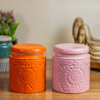 CERAMICTown Ceramic Pickle Jar  - 1000 ml(Pack of 2, Orange, Pink)