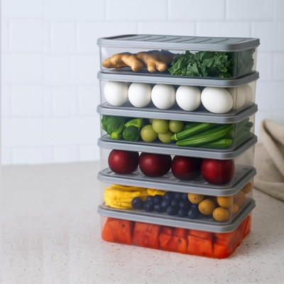 Alvinos Plastic Fridge Container  - 1200 ml(Pack of 6, Grey)