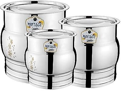 Mintage Steel Grocery Container  - 5 L, 13 L, 18 L(Pack of 3, Silver)
