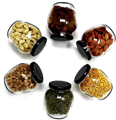 b7 Creations Glass Grocery Container  - 400 ml(Pack of 6, Black)