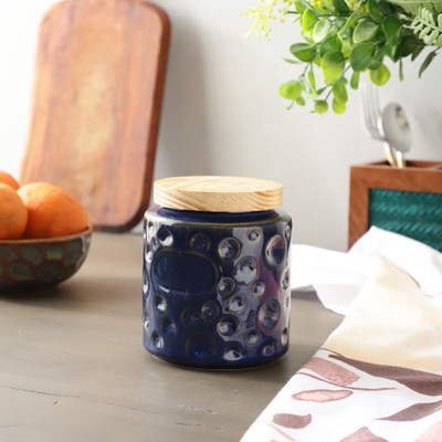 TheDecorMantra Ceramic, Wooden Utility Container  - 800 ml(Blue)