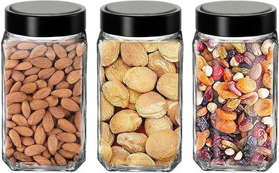 Coozico Glass Grocery Container  - 1000 ml(Pack of 3, Black)