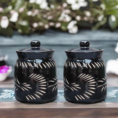 Jetwals Ceramic Pickle Jar  - 800 ml(Pack of 2, Black)