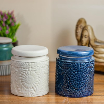 Earthystone Ceramic Pickle Jar  - 1000 ml(Pack of 2, Blue, White)