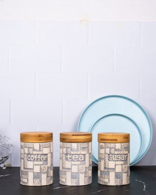 AARVIDECOR Ceramic Tea Coffee & Sugar Container  - 700 ml(Pack of 3, Grey)