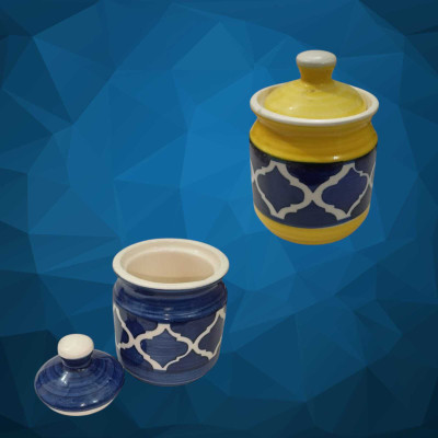 TrulyCeramics Ceramic Pickle Jar  - 200 ml(Pack of 2, Yellow, Blue)