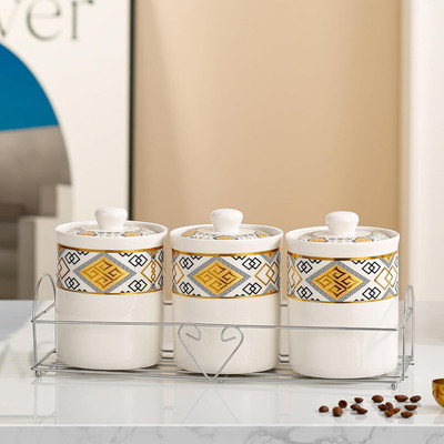 Ekhasa Ceramic Grocery Container  - 700 ml(Pack of 3, White)