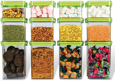 Gripwell Plastic Grocery Container  - 400 ml, 700 ml, 1200 ml(Pack of 8, Green)