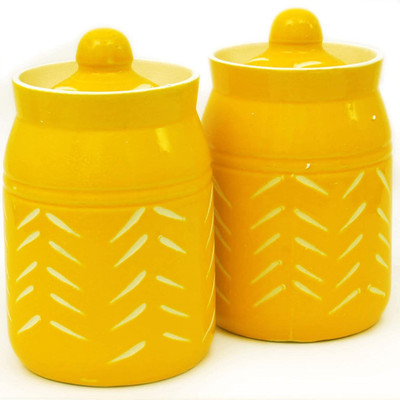 GleamSun Ceramic Pickle Jar  - 450 ml(Pack of 2, Yellow)