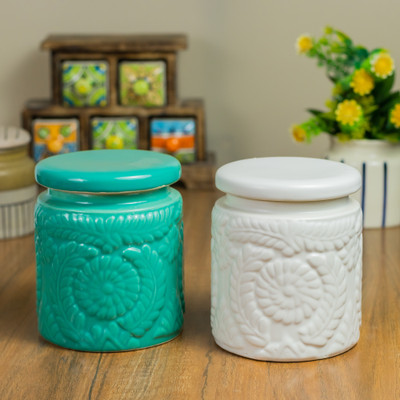 CERAMICTown Ceramic Pickle Jar  - 900 ml(Pack of 2, Green, White)