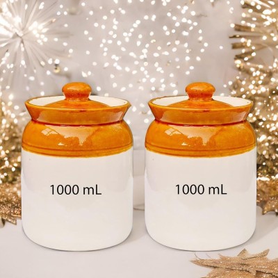 shriyam craft Ceramic Pickle Jar  - 1000 ml(Pack of 2, Brown, White)