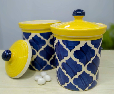 LA TABLEWARE Ceramic Pickle Jar  - 700 ml(Pack of 2, Blue)