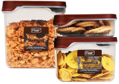 FLAIR Plastic Grocery Container  - 0.55 L, 1.15 L, 1.8 L(Pack of 3, Maroon)