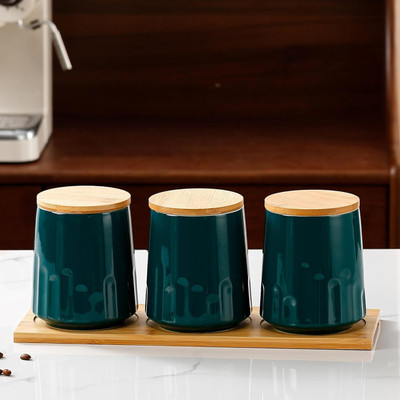 KUBER INDUSTRIES Ceramic Tea Coffee & Sugar Container  - 280 ml(Pack of 3, Green)