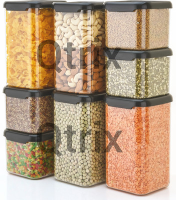 Qtrix Plastic Grocery Container  - 1100 ml, 500 ml(Pack of 8, Black)
