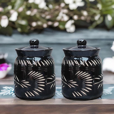 shriyam craft Stoneware Pickle Jar  - 800 ml(Pack of 2, Black)
