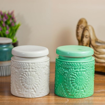 Earthystone Ceramic Pickle Jar  - 1000 ml(Pack of 2, White, Green)