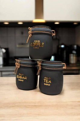 Avastro Glass Tea Coffee & Sugar Container  - 890 ml(Pack of 3, Black)