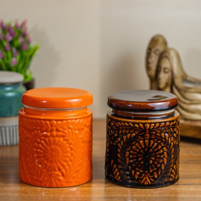 CERAMICTown Ceramic Pickle Jar  - 1000 ml(Pack of 2, Orange, Brown)