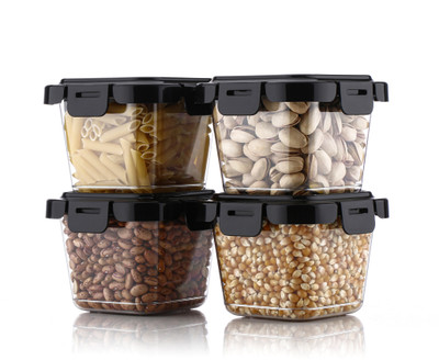 DELMON Plastic Grocery Container  - 600 ml(Pack of 4, Black, Clear)