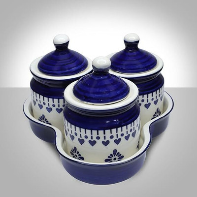 annik Ceramic Pickle Jar  - 200 ml(Pack of 3, Blue)