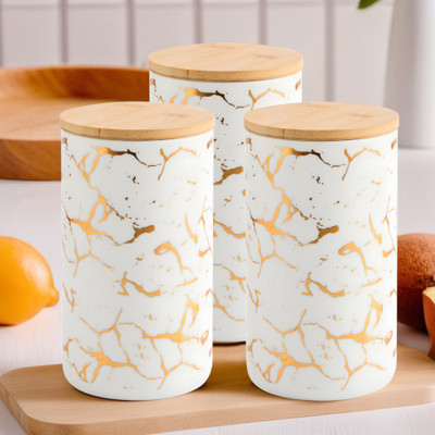 The Better Home Ceramic Utility Container  - 1000 ml(Pack of 3, White, Gold)