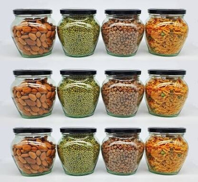 Avora Glass Grocery Container  - 400(Pack of 12, Black)