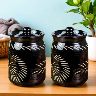 HAMAMABEST Ceramic Pickle Jar  - 1000 ml(Pack of 2, Black)