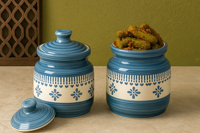 Rehbar handicraft Ceramic Pickle Jar  - 650 ml(Pack of 2, Grey, White)