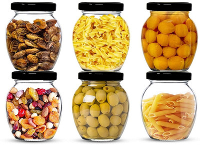 RUTVIHK Glass Grocery Container  - 250 ml(Pack of 6, White, Black)