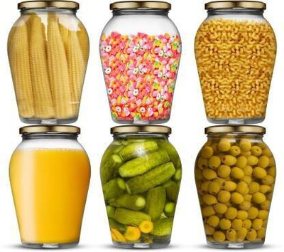 ATCEnterprise Glass Pickle Jar  - 1000 ml(Pack of 6, Clear, Gold)