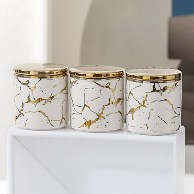 The Better Home Ceramic Utility Container  - 310 ml(Pack of 3, White, Gold)
