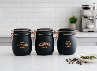 GOLOFY Glass Tea Coffee & Sugar Container  - 860 ml(Pack of 3, Black)