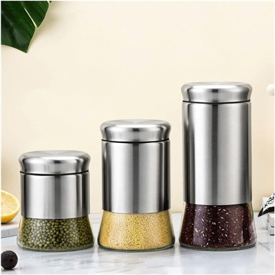 multi zone Glass Tea Coffee & Sugar Container  - 3000 ml(Pack of 3, Silver)