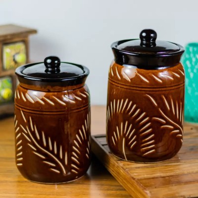 hc the crafts Ceramic Pickle Jar  - 1000 ml(Pack of 2, Brown)