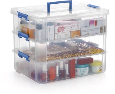 ELIGHTWAY MART Plastic Storage Box - 3 Tier Transparent Rectangular Multi Utility Detachable Plastic Storage Box Vanity Box(Blue)