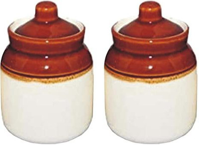 T R Creation Ceramic Pickle Jar  - 250 ml(Pack of 2, Brown, White)