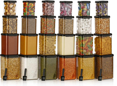 Zubix Plastic Grocery Container  - 1400 ml, 950 ml, 650 ml, 350 ml(Pack of 24, Black)