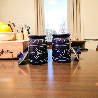 PotteryDarbar Ceramic Pickle Jar  - 1000 ml(Pack of 2, Blue)