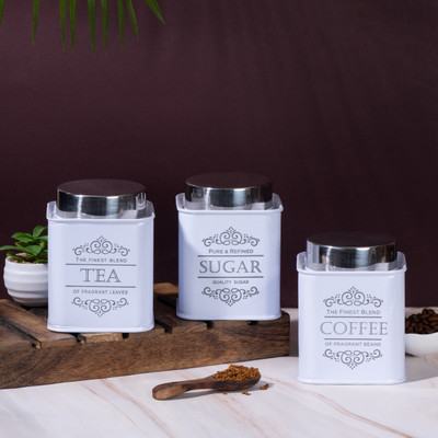 Metallure Iron Tea Coffee & Sugar Container  - 1000 ml(Pack of 3, White)
